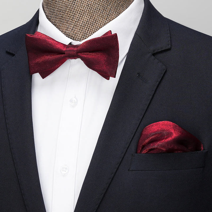 2Pcs Men's Solid Color Pocket Square Bow Tie - Style #2 - Red - image 11