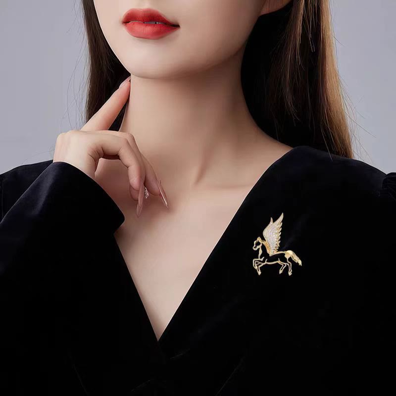 Exquisite Hollowed Out Diamond Studded Pegasus Brooch - image 1