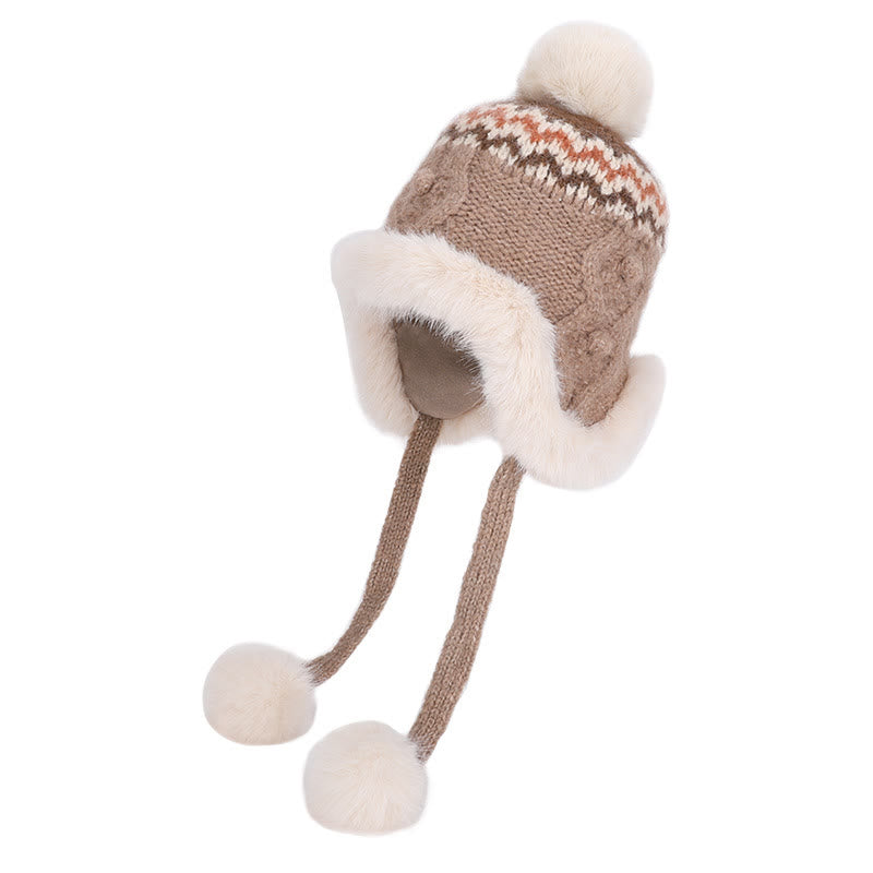 Women's Winter Knitted Textured Hat With Plush Balls - Khaki - Adjustable(21 5/8"-23 5/8") - image 1
