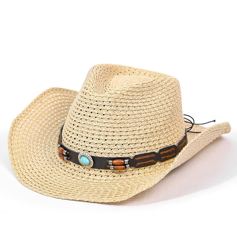 Bohemian Turquoise Brim Belt Men's Straw Cowboy Hat - Style #4 - M (22"-22 7/8") - image 4