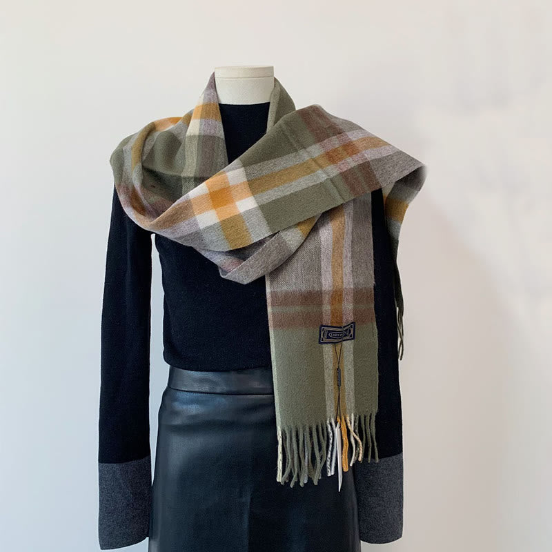 Women's Winter Keep Warm Vintage Plaid Wool Scarf - Green - image 0