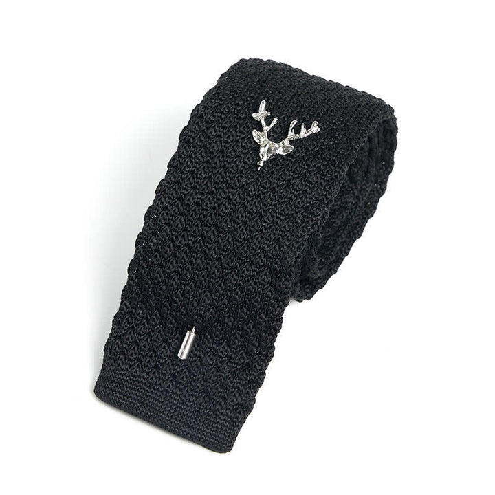 Men's Festival Knitted Necktie With Deer Brooch Pin - Black & Silver - image 5