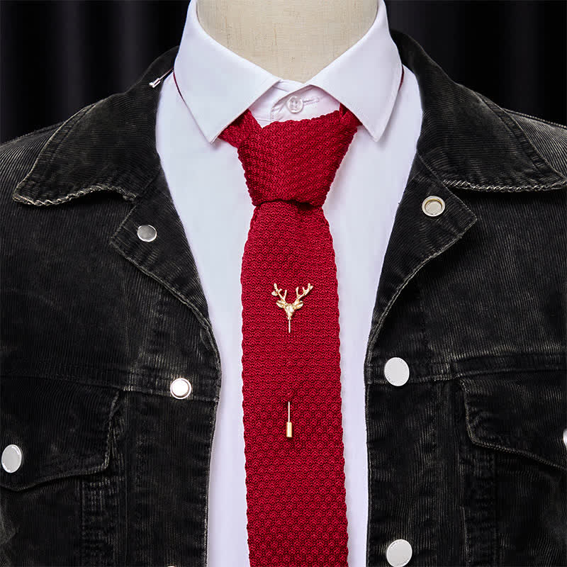 Men's Festival Knitted Necktie With Deer Brooch Pin - image 15