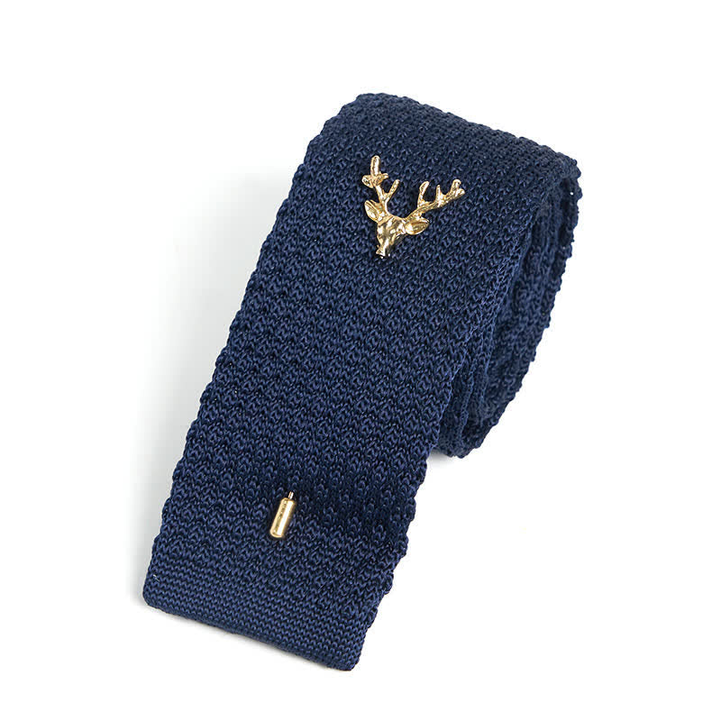 Men's Festival Knitted Necktie With Deer Brooch Pin - Navy & Gold - image 8