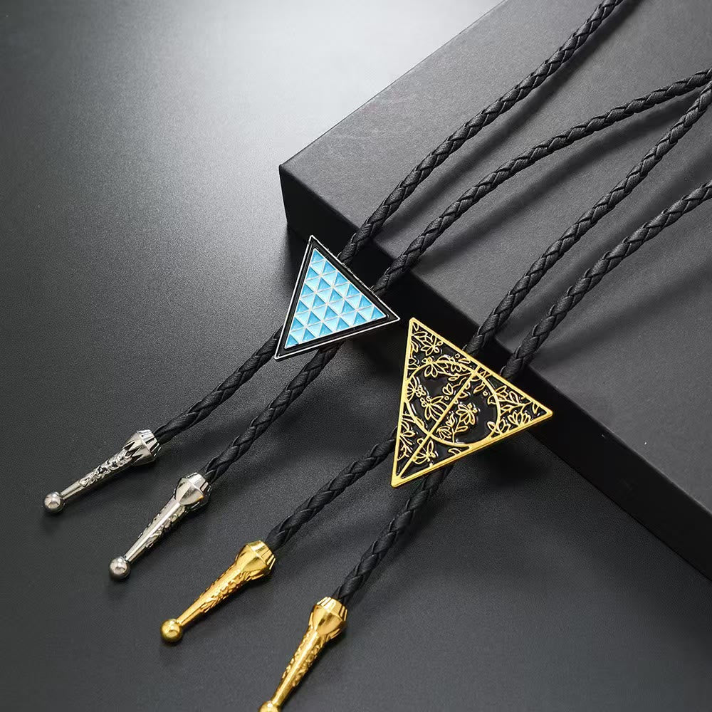 Geometric Triangle Pattern Metal Braided Leather Bolo Tie - image 0