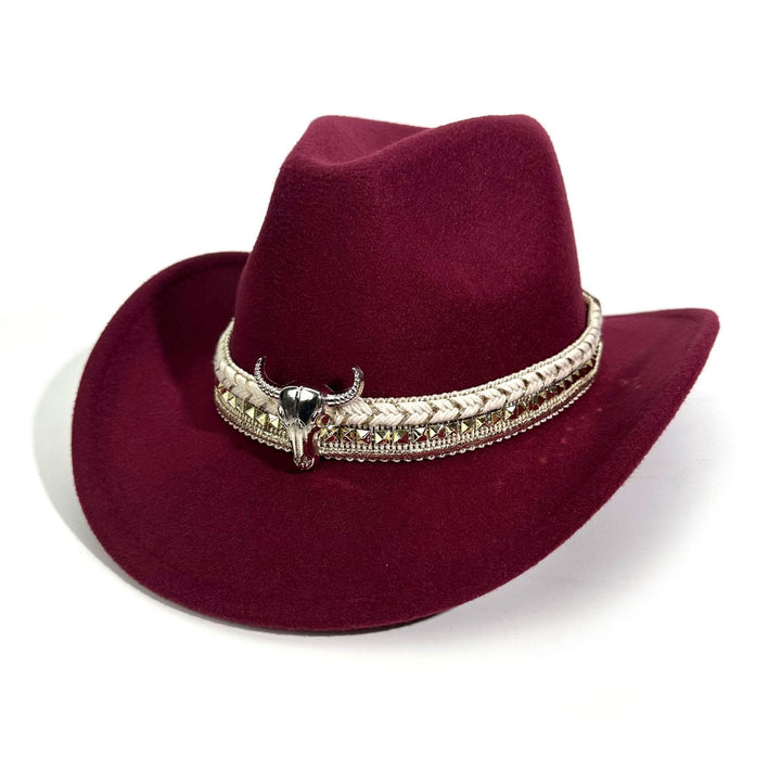 Men's Western Style Metal Bullhead Brim Belt Cowboy Hat - Wine - M (22"-22 7/8") - image 5
