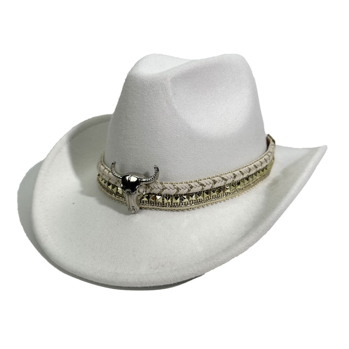 Men's Western Style Metal Bullhead Brim Belt Cowboy Hat - White - M (22"-22 7/8") - image 10
