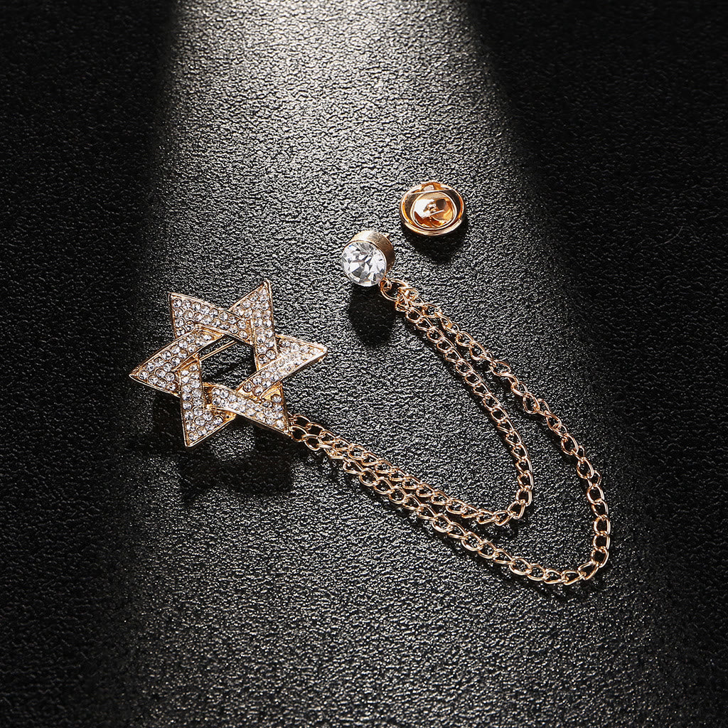 Men's Rhinestone Star of David Chain Brooch - Gold - image 1