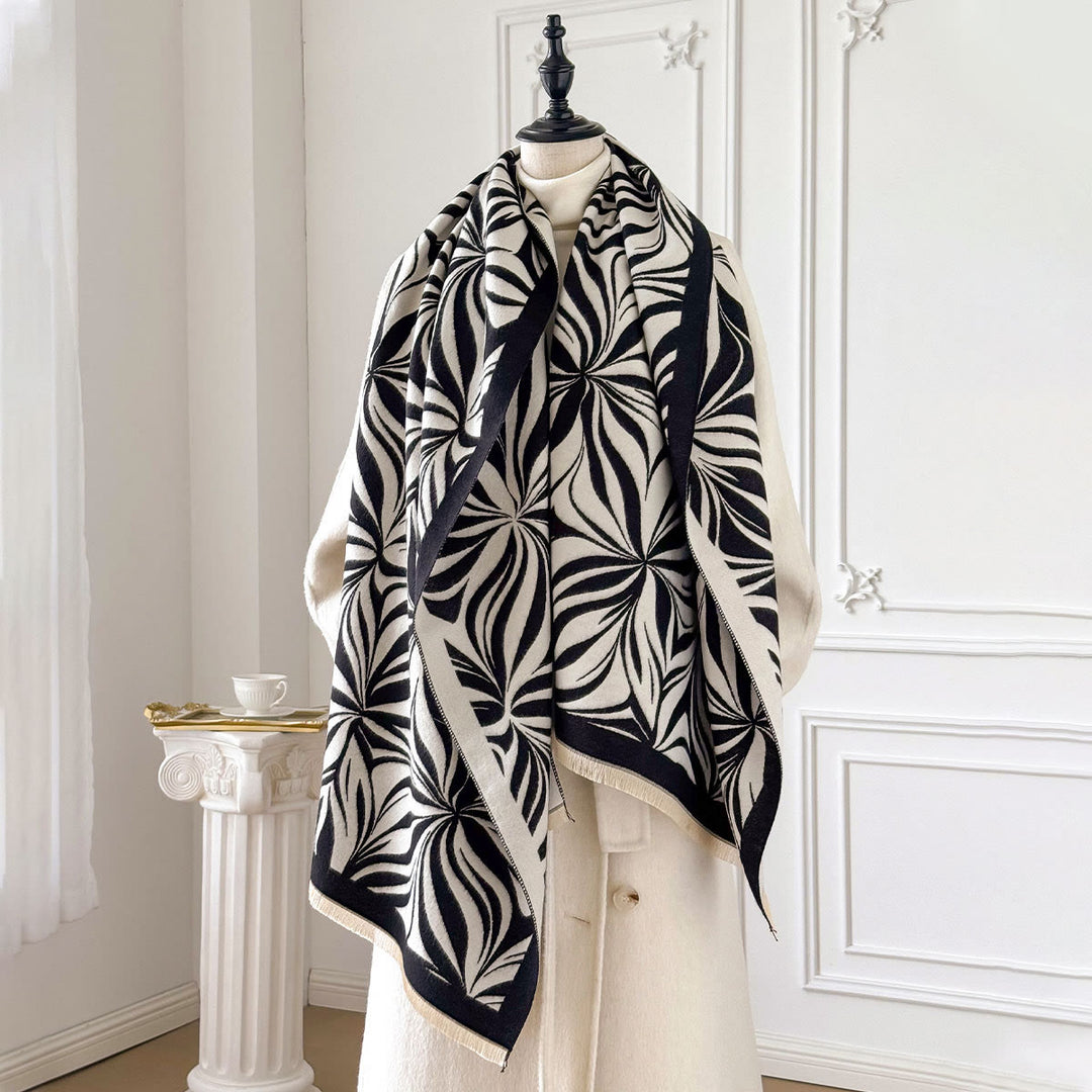 Women's Winter Stylish Leaf Pattern Black White Shawl Scarf - Black - image 0