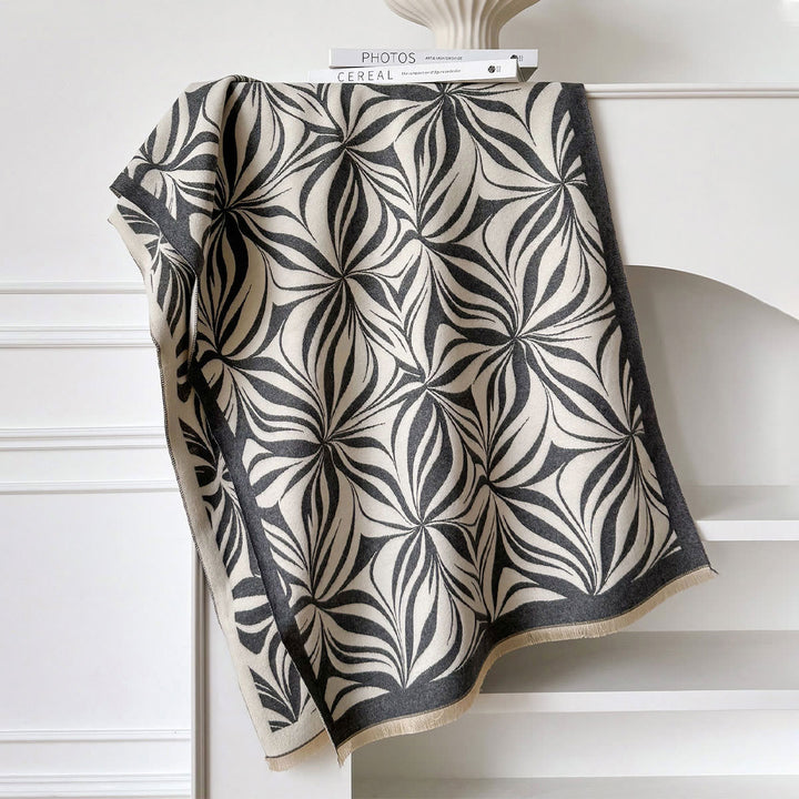 Women's Winter Stylish Leaf Pattern Black White Shawl Scarf - Grey - image 3