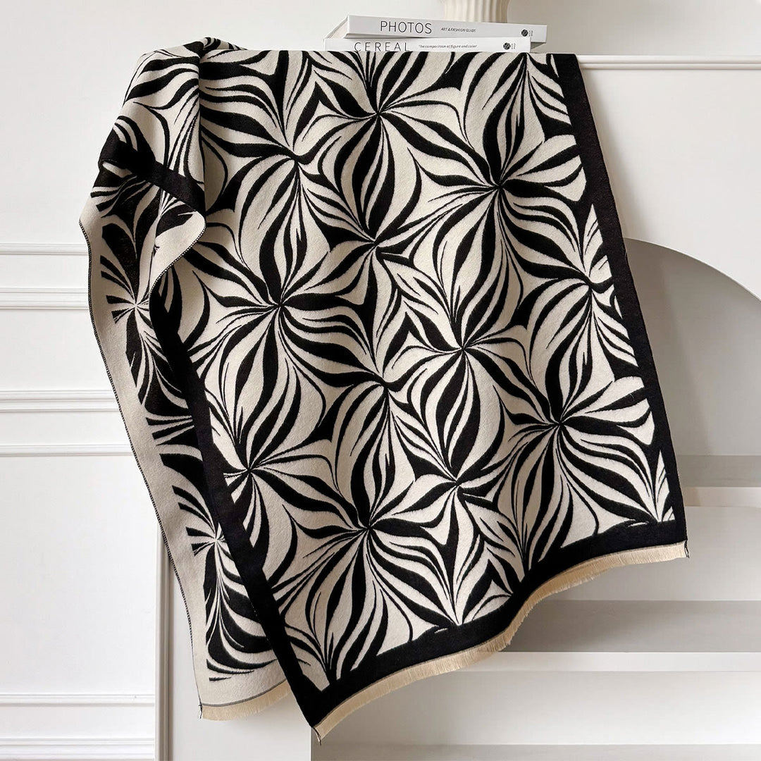 Women's Winter Stylish Leaf Pattern Black White Shawl Scarf - image 1