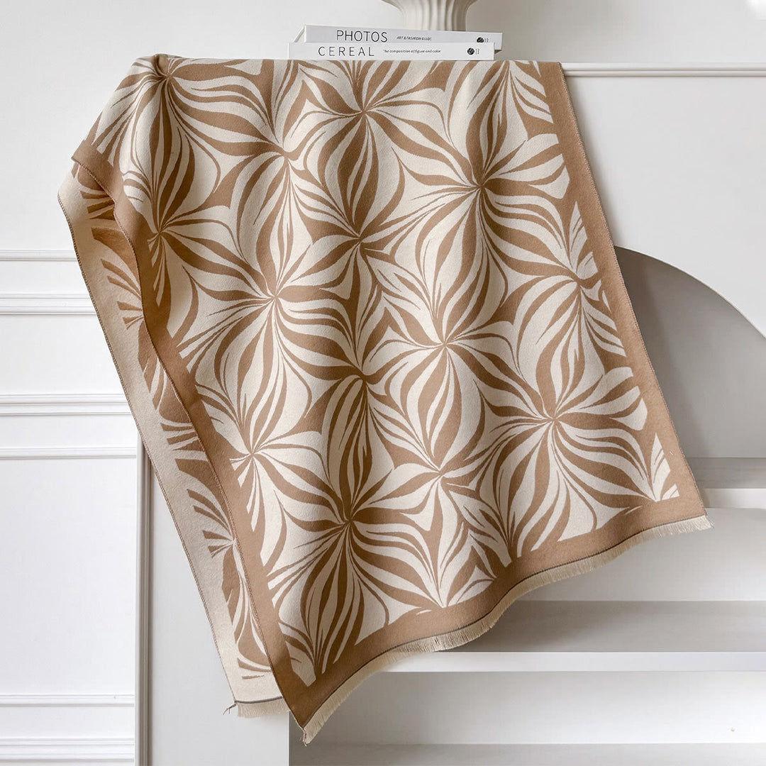 Women's Winter Stylish Leaf Pattern Black White Shawl Scarf - Khaki - image 6