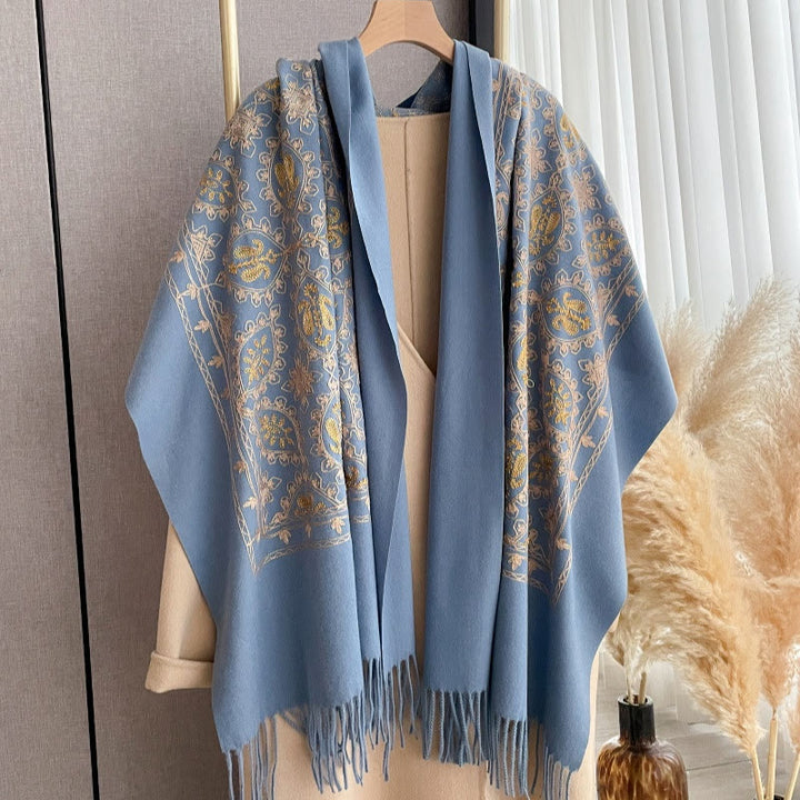 Women's Vintage Floral Pattern Fringed Shawl Scarf - Royal Blue - image 2