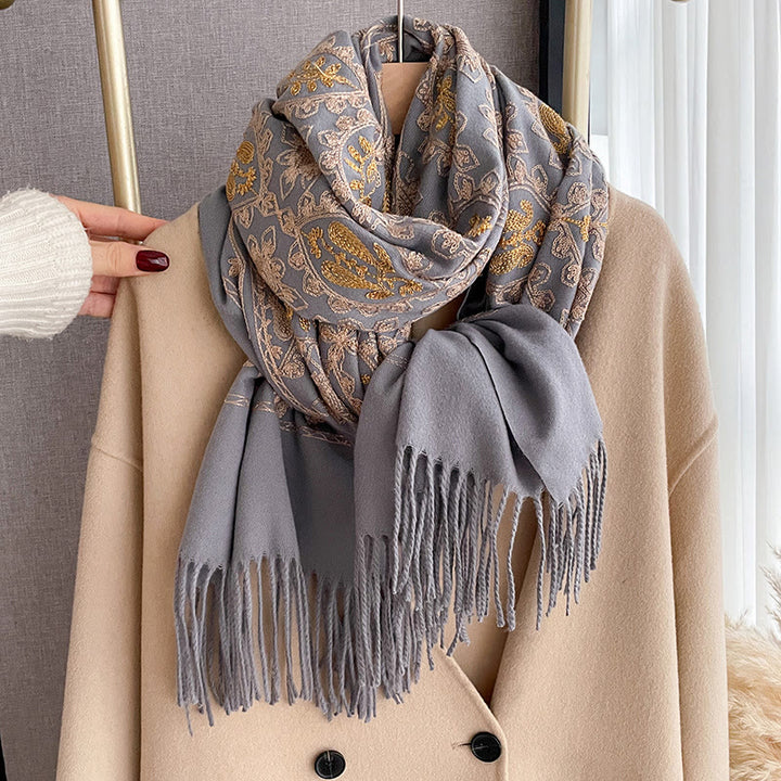 Women's Vintage Floral Pattern Fringed Shawl Scarf - Gray - image 7