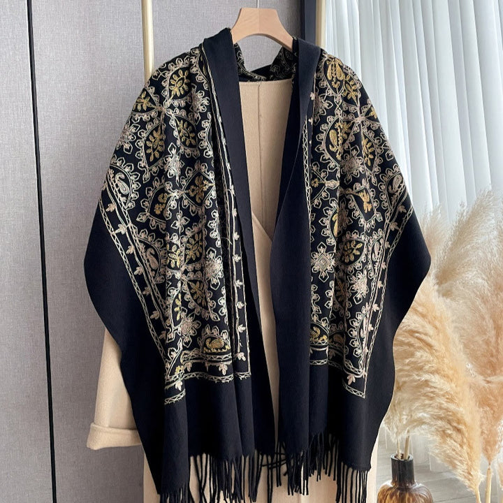 Women's Vintage Floral Pattern Fringed Shawl Scarf - Black - image 5