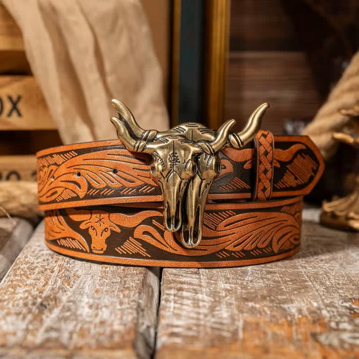 Double Bull Heads Western Embossed Leather Belt - Orange / Bronze - 38 - image 0