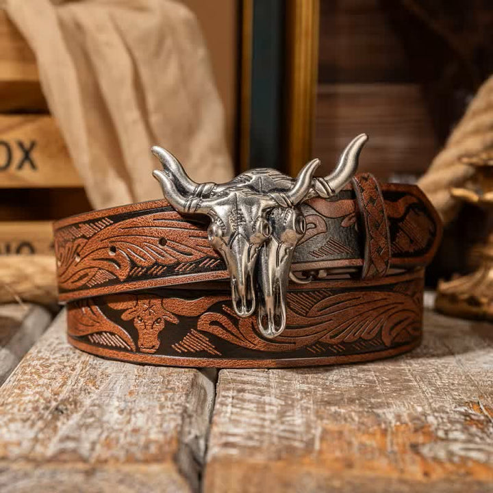 Double Bull Heads Western Embossed Leather Belt - Brown / Silver - 38 - image 8