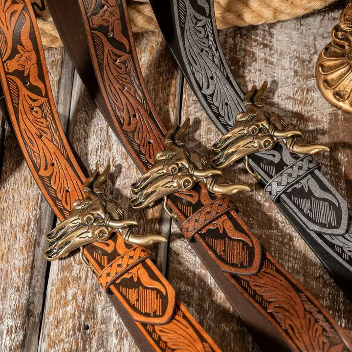 Double Bull Heads Western Embossed Leather Belt - image 1