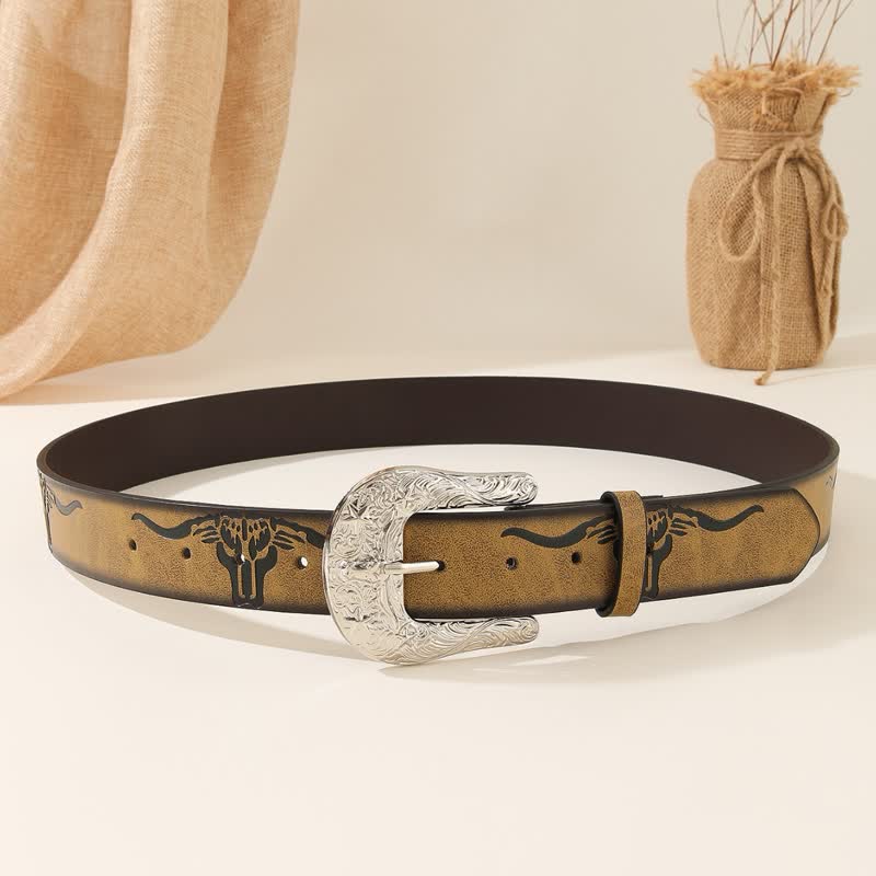 Bold Embossed Longhorn Bull Head Pattern Leather Belt - image 3