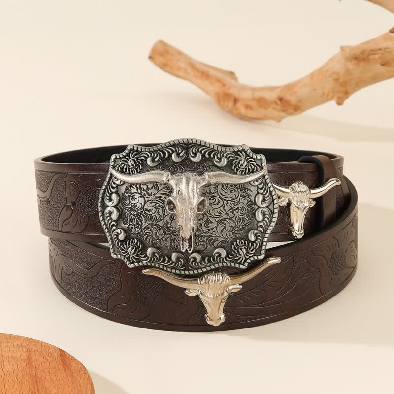 Western Charming Bull-Shaped Rivet Leather Belt - Brown - 42 - image 0