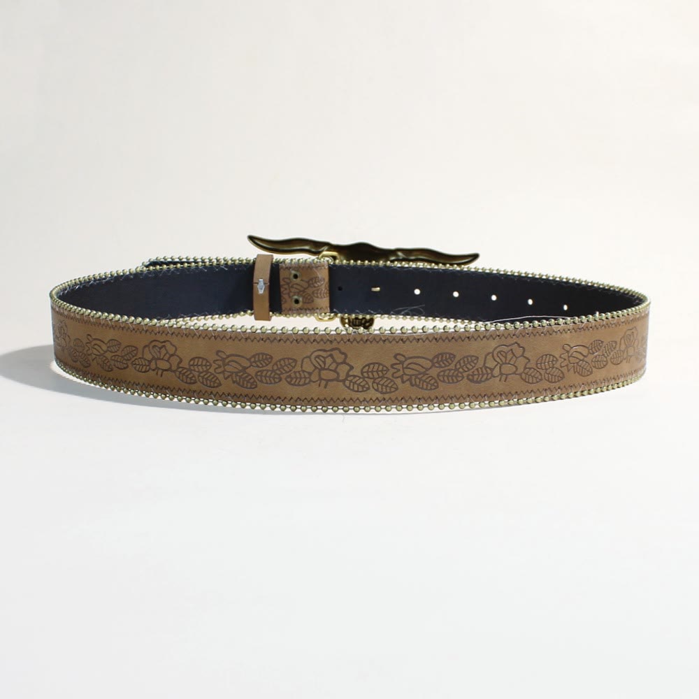 Men's Western Style Golden Longhorn Bull Head Buckle Rivet Belt - image 7