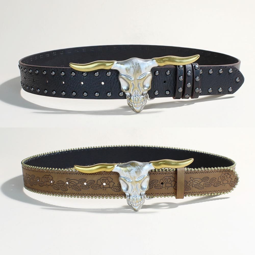 Men's Western Style Golden Longhorn Bull Head Buckle Rivet Belt - image 8