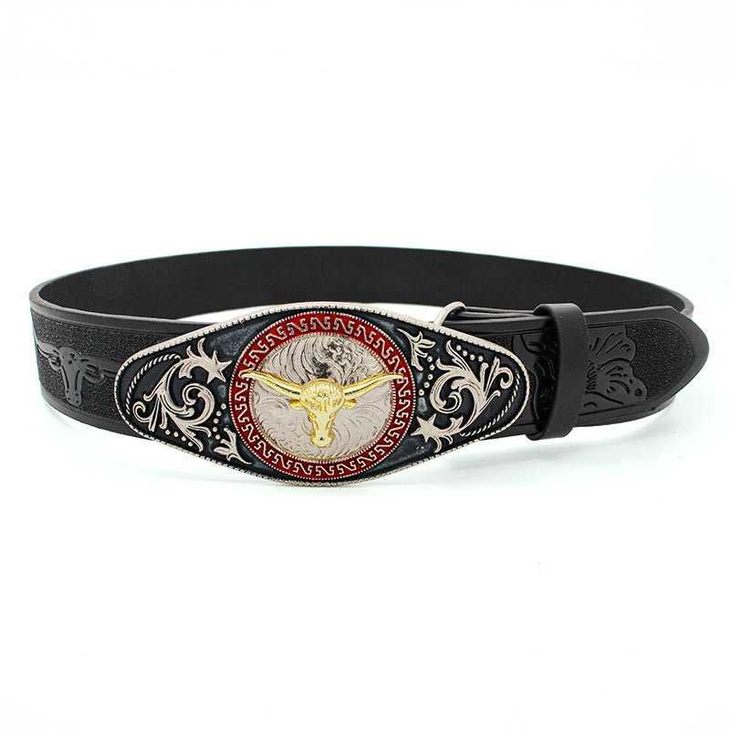 Men's Golden Bull Head Pattern Buckle Black Carved Belt - Golden Bull - 34 - image 0