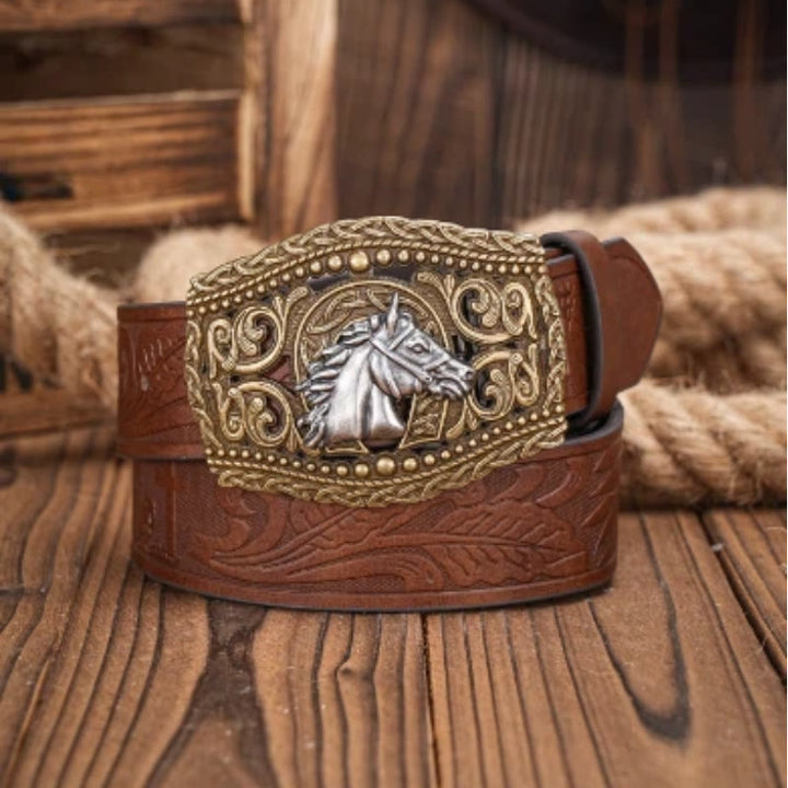 Men's Silver Horse Head Hollow Buckle Carved Belt - Silver Horse Head - Dark Brown - 38 - image 2