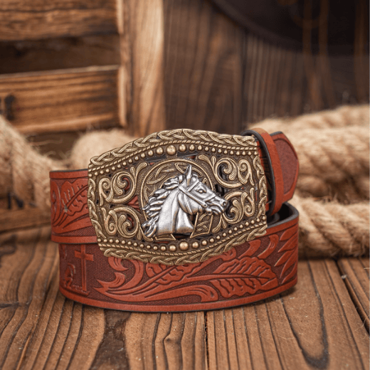 Men's Silver Horse Head Hollow Buckle Carved Belt - Silver Horse Head - Light Brown - 38 - image 3