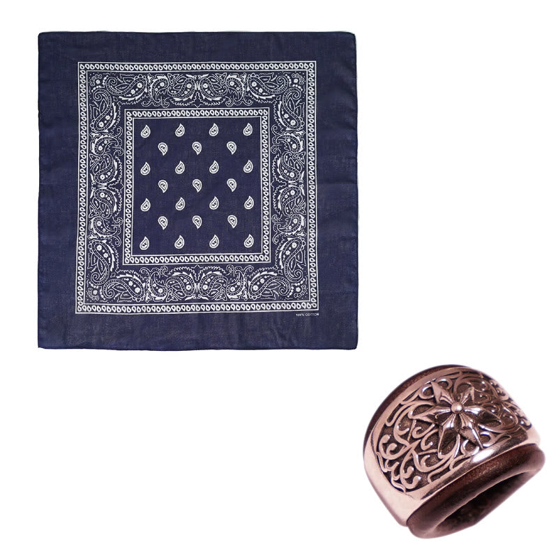 Hexagram Round Button Cashew Printed Pocket Square - Brown Buckle - Navy Blue - image 1