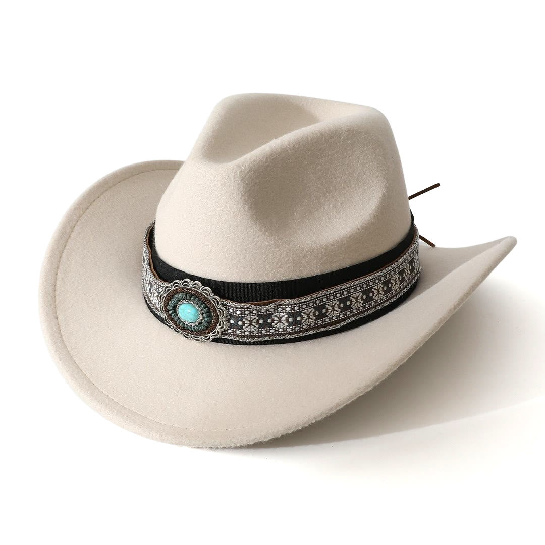 Men's Western Style Turquoise Patterned Brim Belt Cowboy Hat - White - M (22"-22 7/8") - image 5