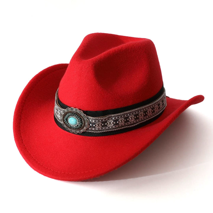 Men's Western Style Turquoise Patterned Brim Belt Cowboy Hat - Red - M (22"-22 7/8") - image 4