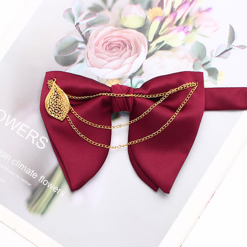 Gold Leaf Decor Oversized Pointed Bow Tie With Chain - Wine Red - image 1