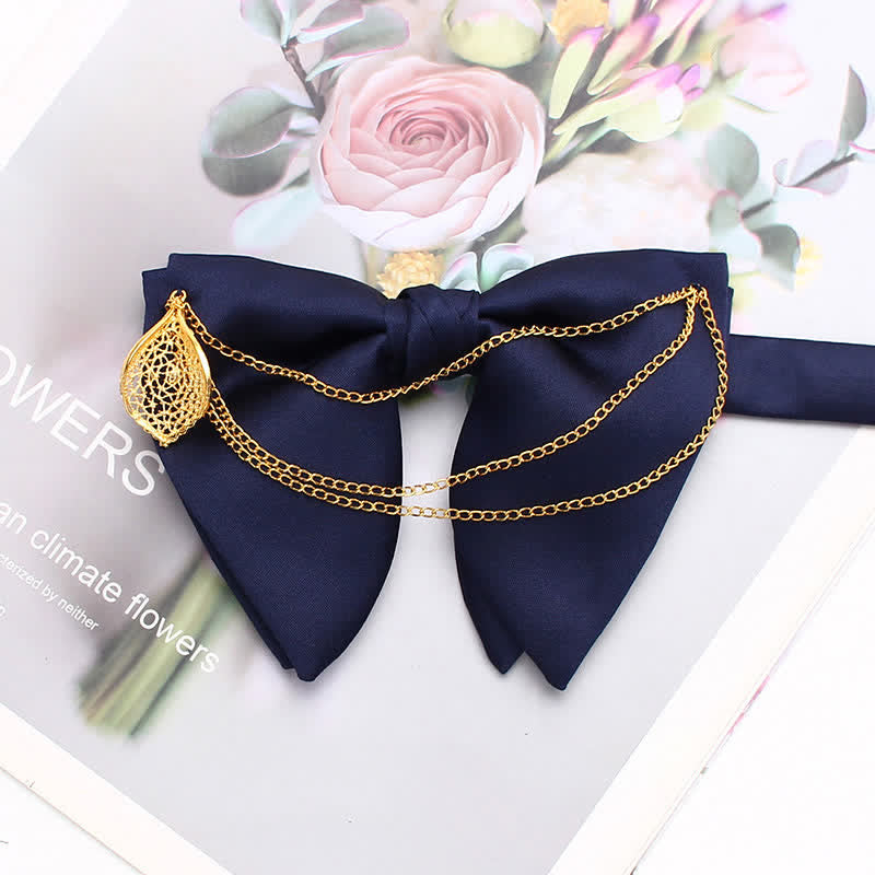 Gold Leaf Decor Oversized Pointed Bow Tie With Chain - Navy - image 12