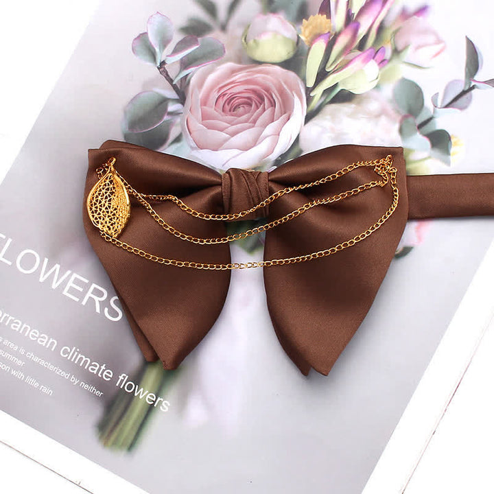 Gold Leaf Decor Oversized Pointed Bow Tie With Chain - Saddle Brown - image 11