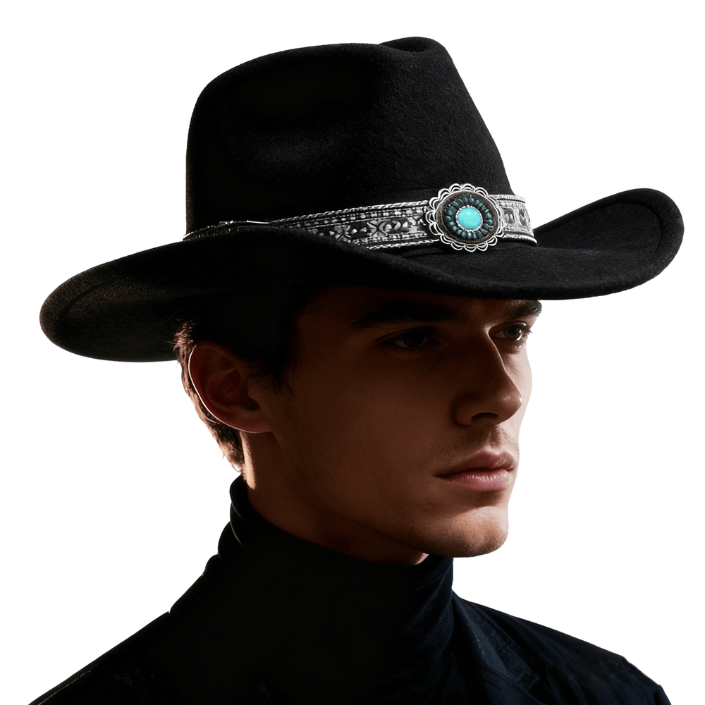 Men's Western Style Turquoise Patterned Brim Belt Cowboy Hat - image 1