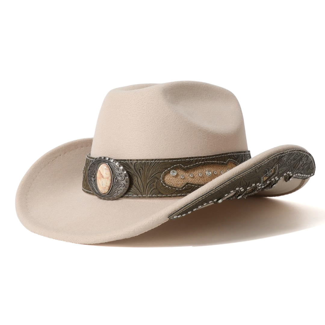 Men's Textured Stone Rivet Patterned Brim Belt Cowboy Hat - Beige - M (22"-22 7/8") - image 2