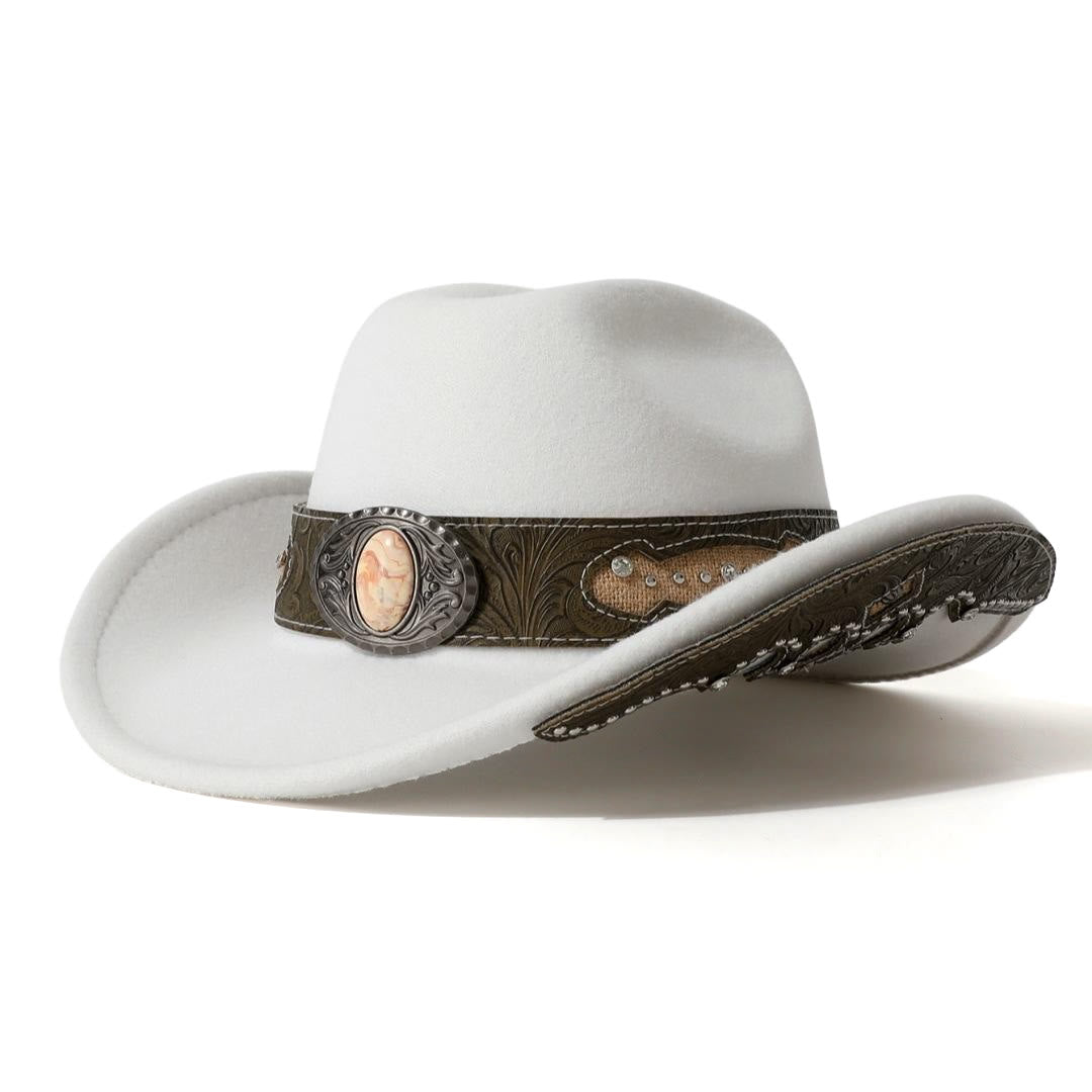 Men's Textured Stone Rivet Patterned Brim Belt Cowboy Hat - White - M (22"-22 7/8") - image 0
