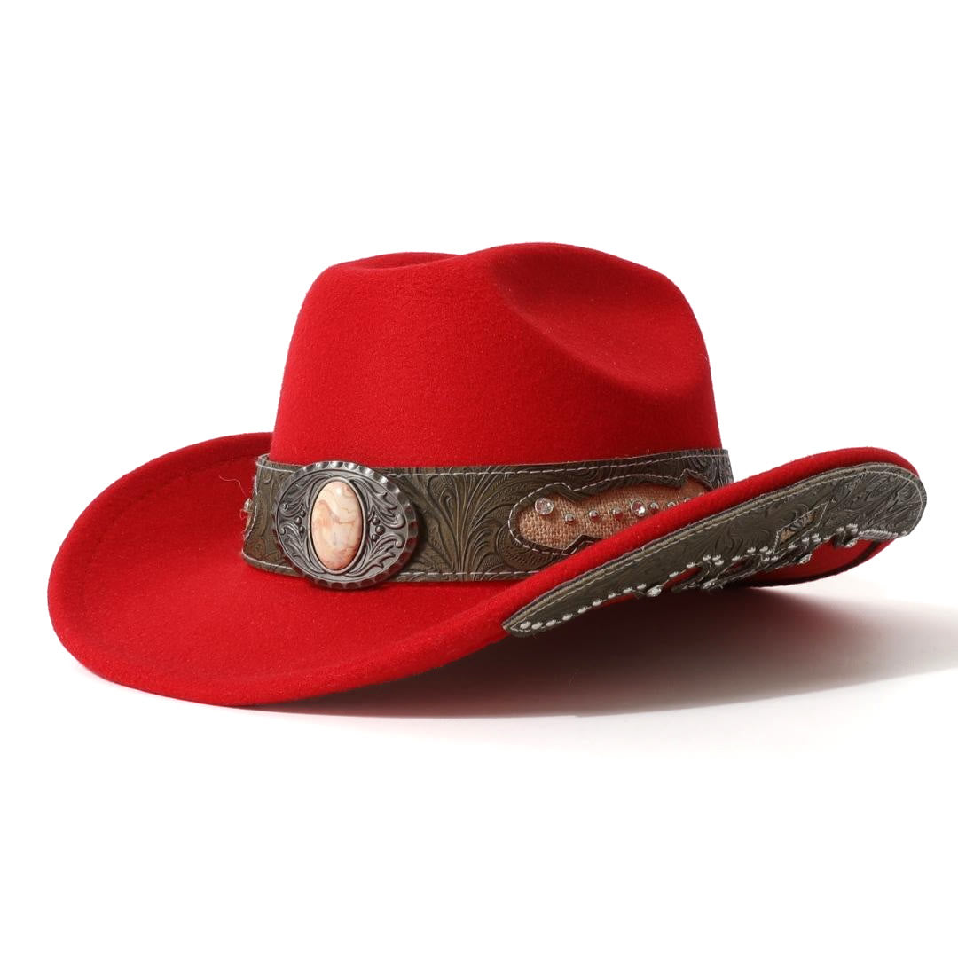 Men's Textured Stone Rivet Patterned Brim Belt Cowboy Hat - Red - M (22"-22 7/8") - image 5