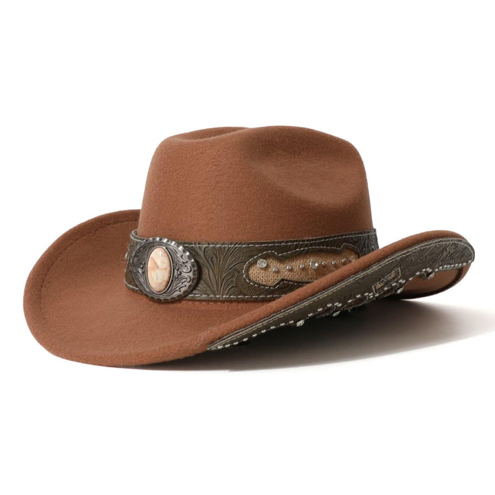 Men's Textured Stone Rivet Patterned Brim Belt Cowboy Hat - Brown - M (22"-22 7/8") - image 9