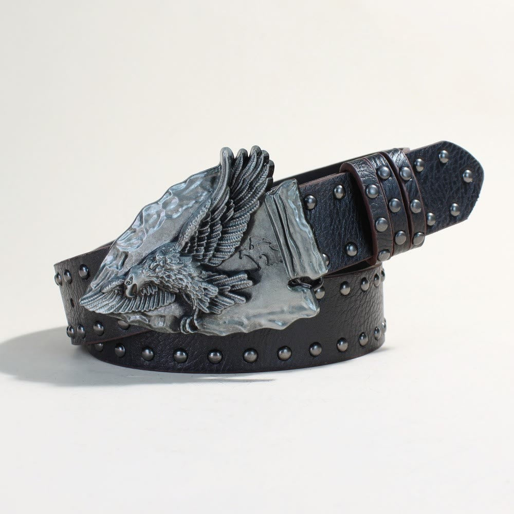 Retro Triangular Eagle Buckle Metal Rivet Black Belt - Triangular Eagle - Rivet Black Belt - 34 - image 0