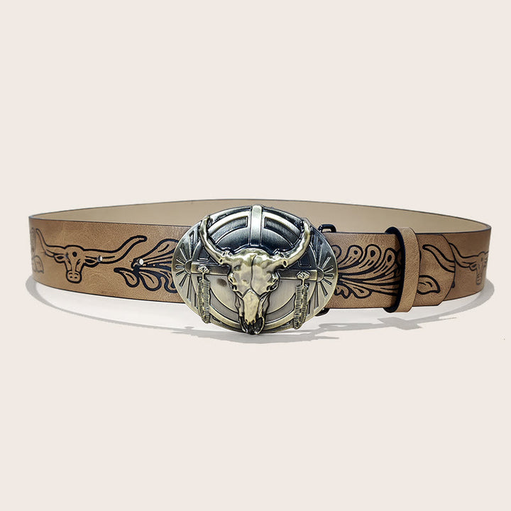 Men's Western Bull Skull Buckle Black Pattern Belt - Bull Skull - Khaki - 38 - image 4