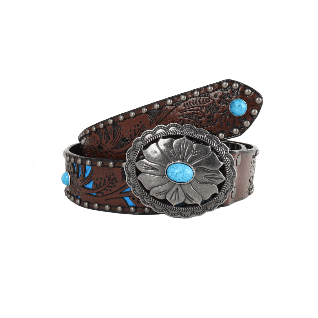 Women's Silver Flower Shaped Turquoise Buckle Metal Rivet Belt - Silver - 38 - image 0