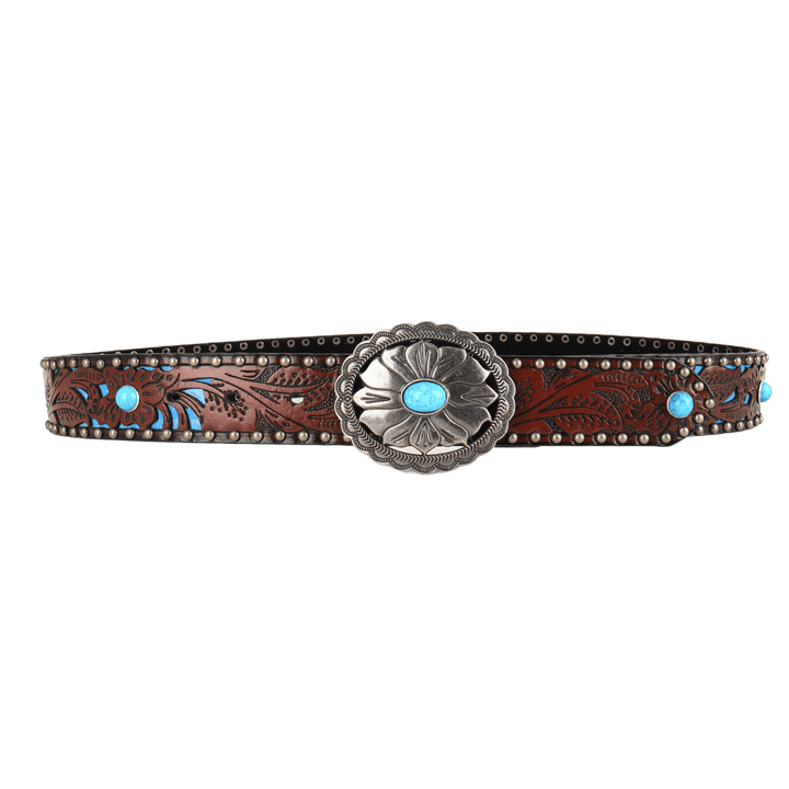 Women's Silver Flower Shaped Turquoise Buckle Metal Rivet Belt - image 1