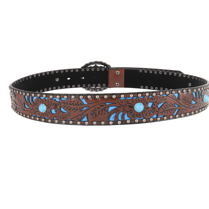 Women's Silver Flower Shaped Turquoise Buckle Metal Rivet Belt - image 2