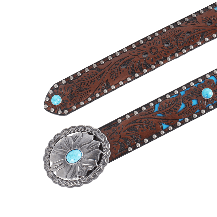Women's Silver Flower Shaped Turquoise Buckle Metal Rivet Belt - image 3