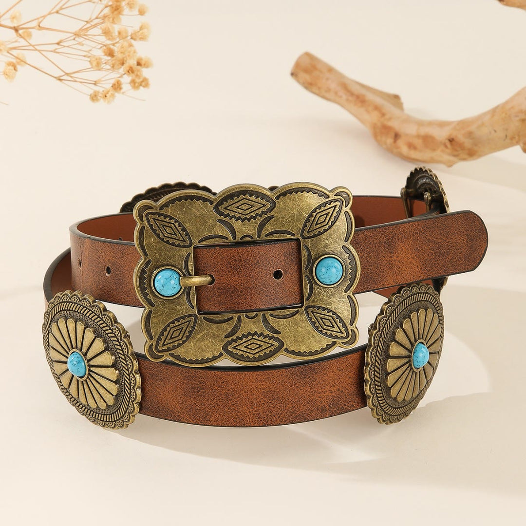 Women's Square Bronze Buckle Round Patterned Turquoise Belt - Brown - 38 - image 0