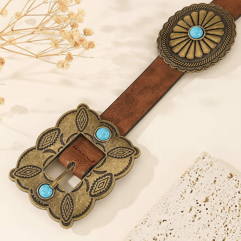 Women's Square Bronze Buckle Round Patterned Turquoise Belt - image 1