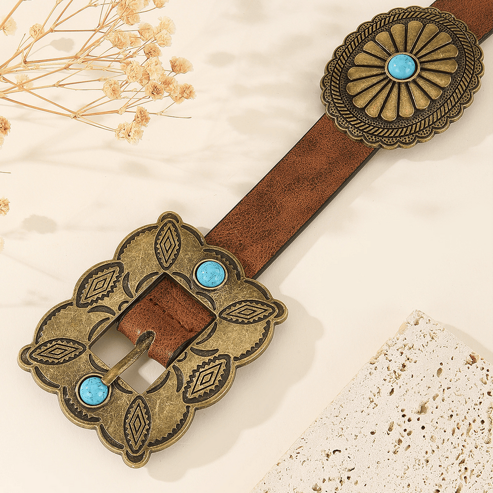 Women's Square Bronze Buckle Round Patterned Turquoise Belt - image 1