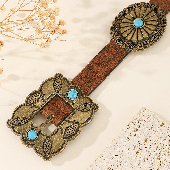 Women's Square Bronze Buckle Round Patterned Turquoise Belt - image 1